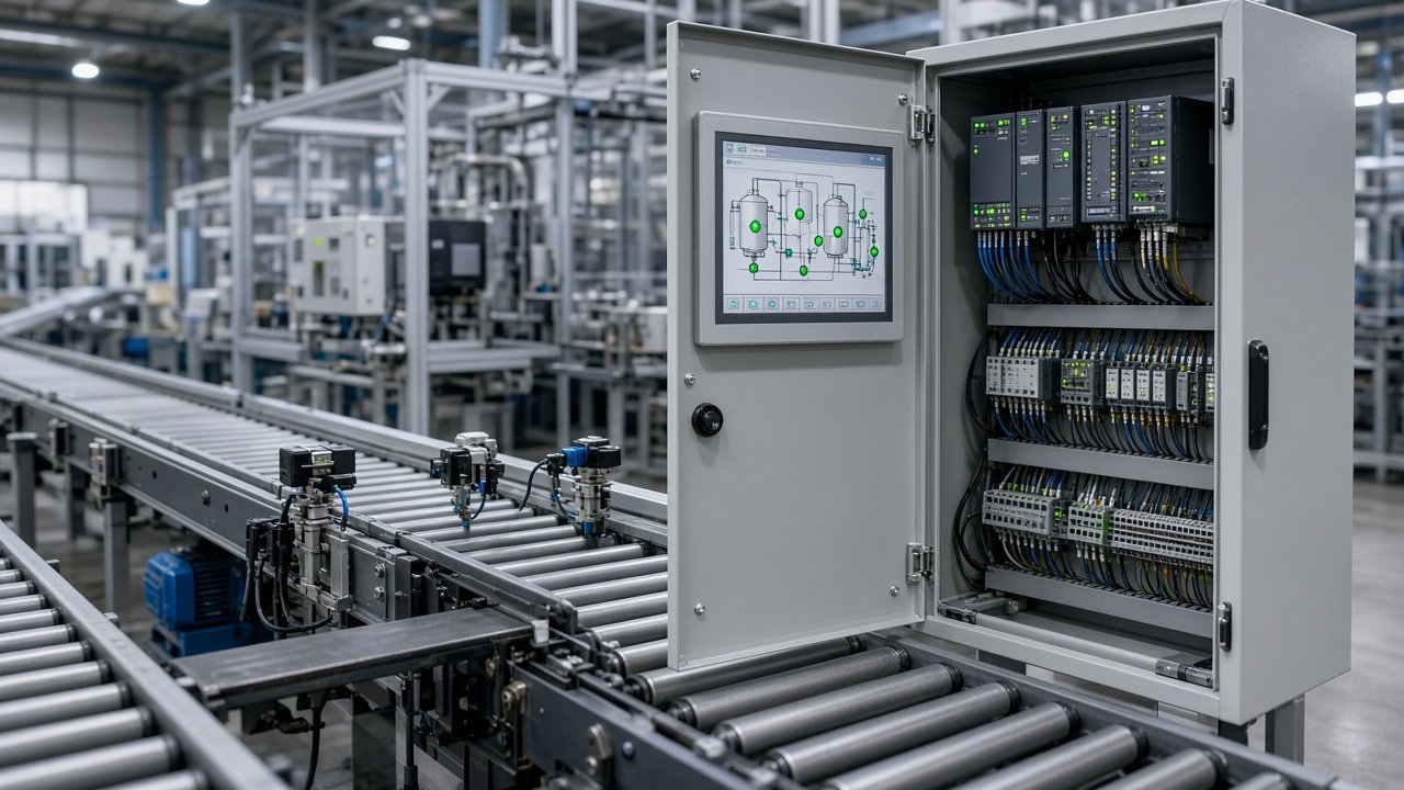 Instalación intralogística existente modernizada con armario de control PLC, pantalla SCADA y sensores en el transportador