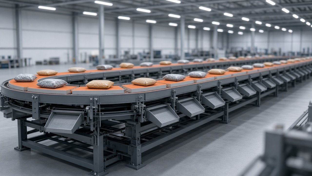 Crossbelt sorter horizontal de MIM Automation en un centro de distribución
